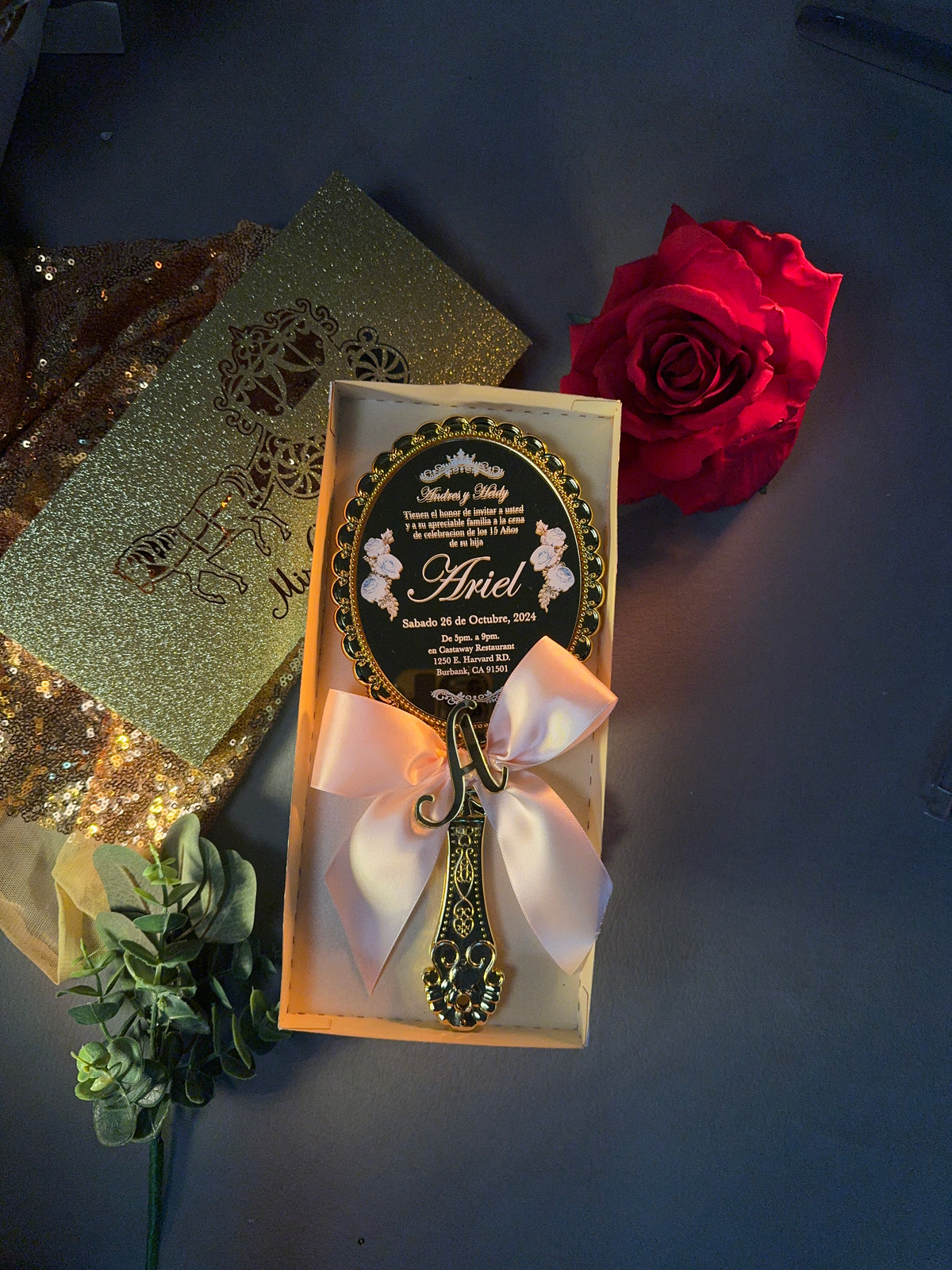 Acrylic Quinceañera Gold Hand Mirror (Invite Only)