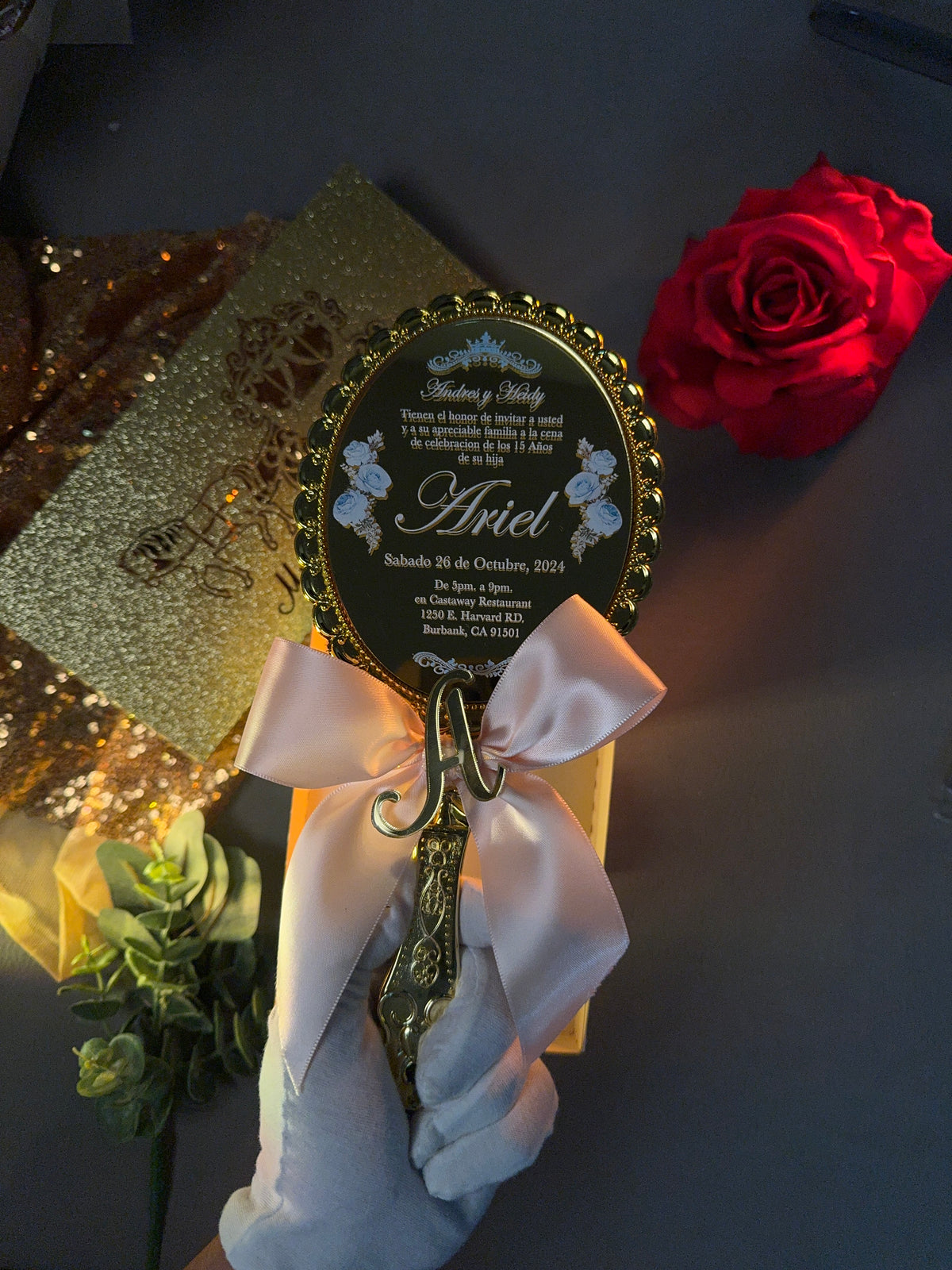 Acrylic Quinceañera Gold Hand Mirror (Invite Only)