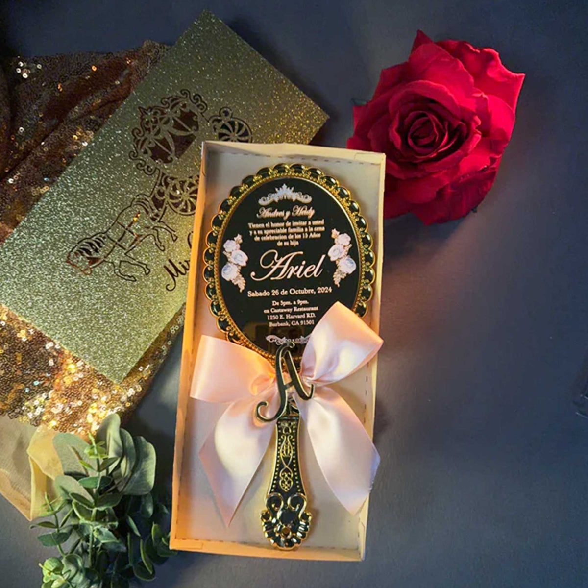 Acrylic Quinceañera Gold Hand Mirror (Invite Only)